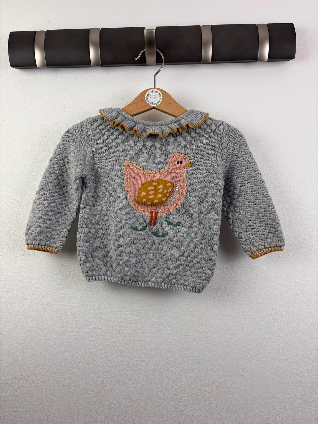 M&amp;S Grey Knitted Jumper with Bird Appliqué 6-9 Months-Jumpers-Second Snuggle Preloved