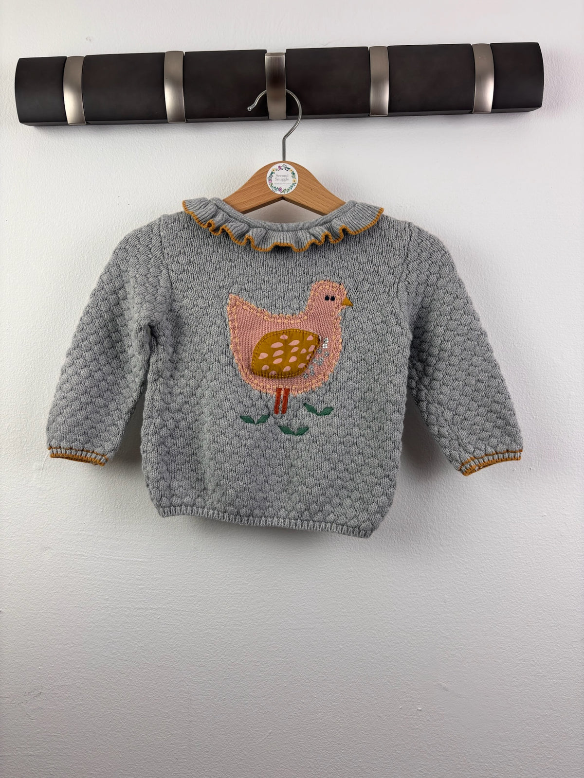 M&S Grey Knitted Jumper with Bird Appliqué 6-9 Months-Jumpers-Second Snuggle Preloved