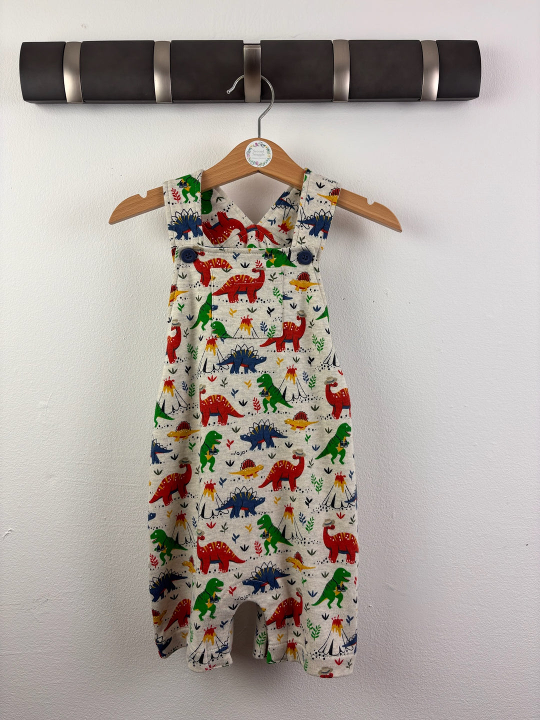 JoJo Maman Bébé Cream Summer Dungarees with Dinosaur Print 6-12 Months-Dungarees-Second Snuggle Preloved