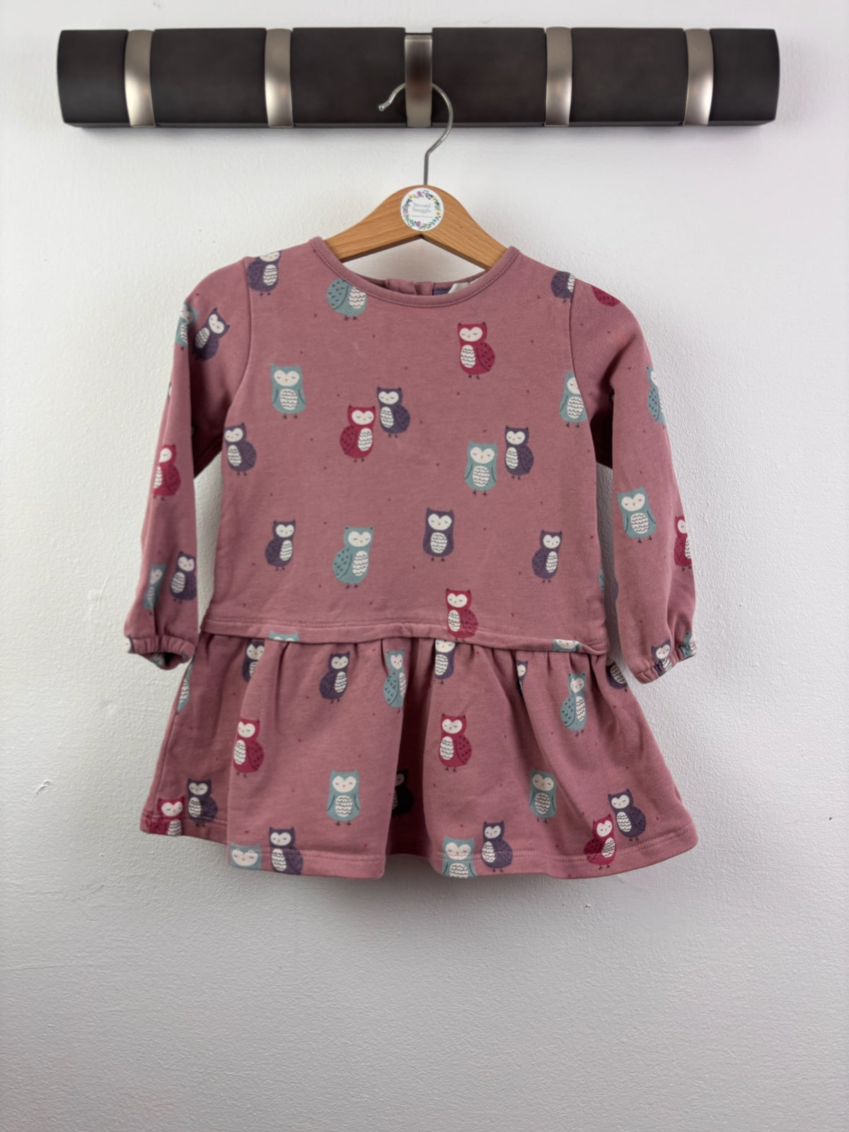 John Lewis Dusky Pink Dress with Owl Print 12-18 Months-Dresses-Second Snuggle Preloved