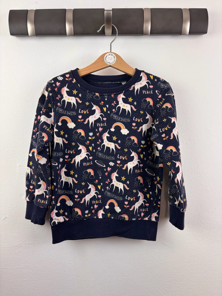 Blue Zoo Navy Sweatshirt with Unicorn and Rainbow Print 4-5 Years-Jumpers-Second Snuggle Preloved