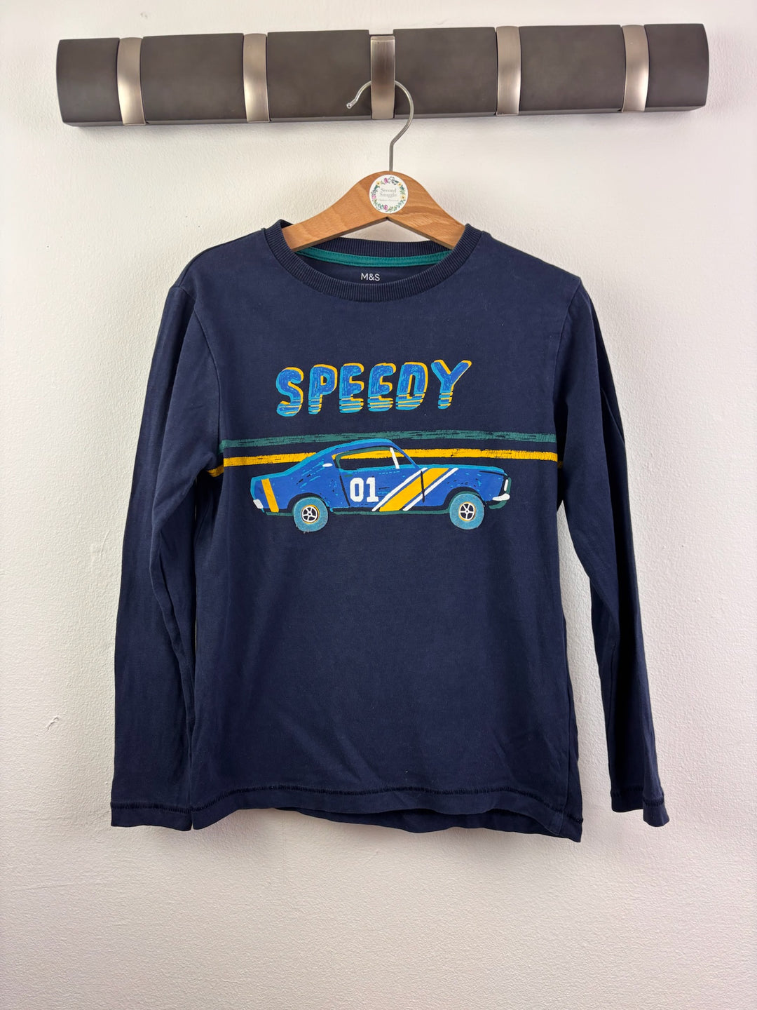 M&amp;S Navy Long-Sleeved Top with Speedy Racing Car Print 5-6 Years-Tops-Second Snuggle Preloved