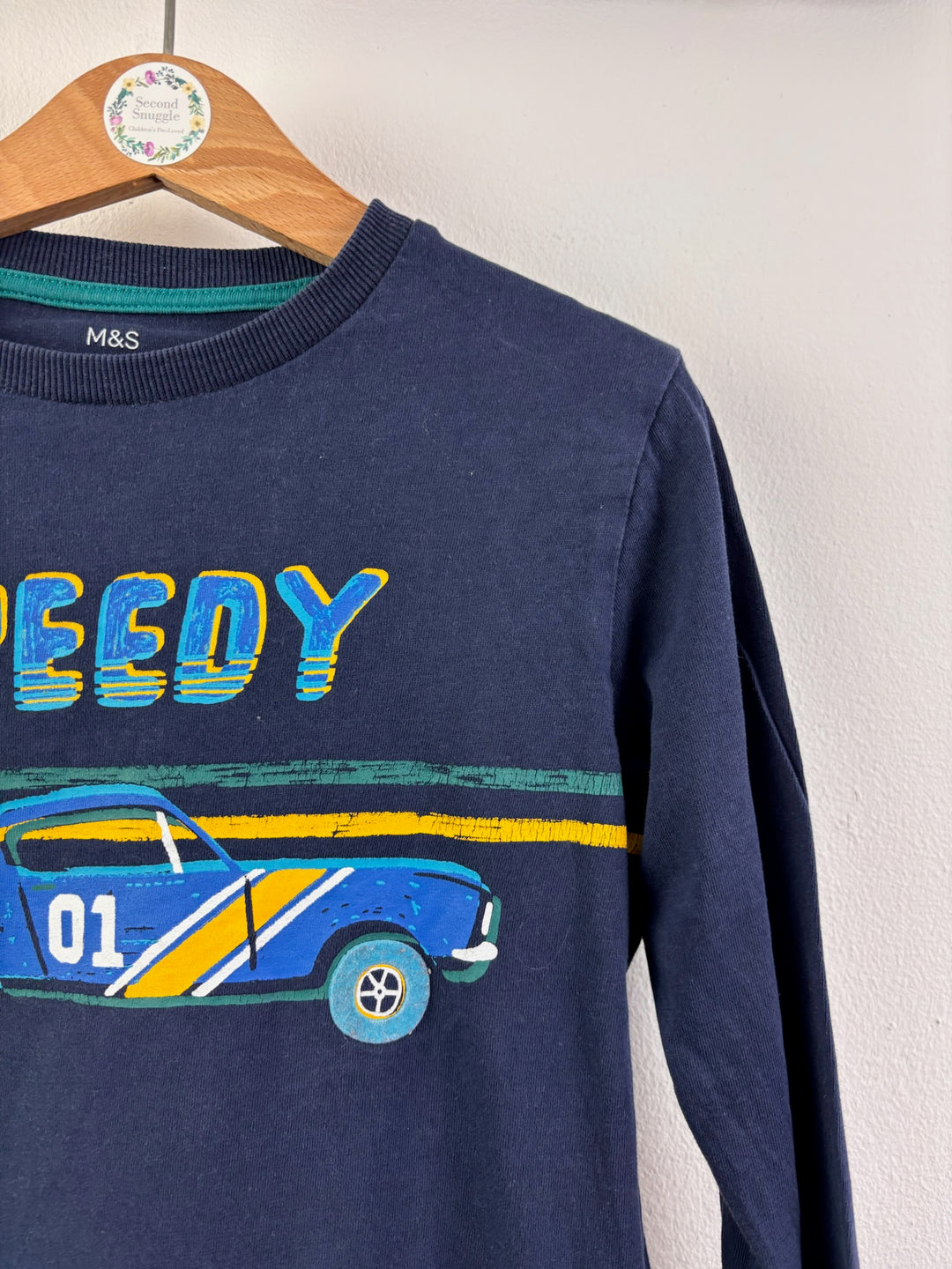 M&amp;S Navy Long-Sleeved Top with Speedy Racing Car Print 5-6 Years-Tops-Second Snuggle Preloved