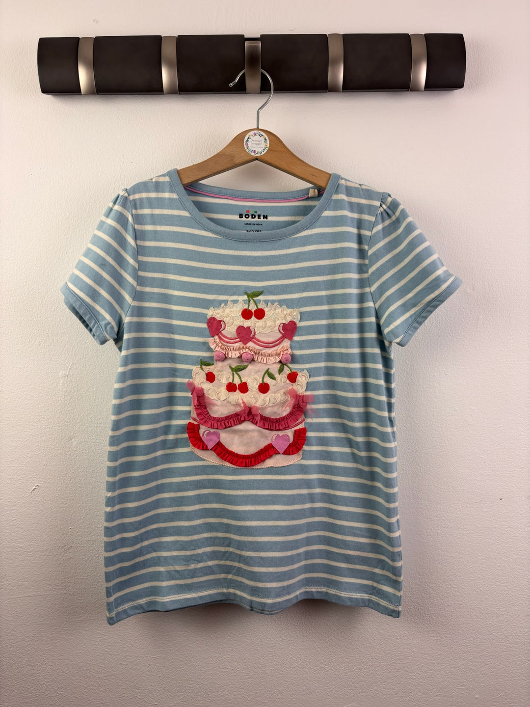 Boden Blue Striped T-Shirt with Cake Appliqué 9-10 Years-Tops-Second Snuggle Preloved