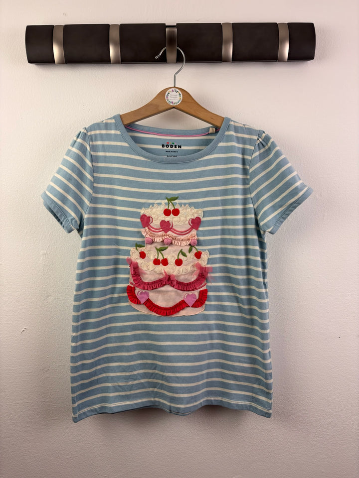 Boden Blue Striped T-Shirt with Cake Appliqué 9-10 Years-Tops-Second Snuggle Preloved