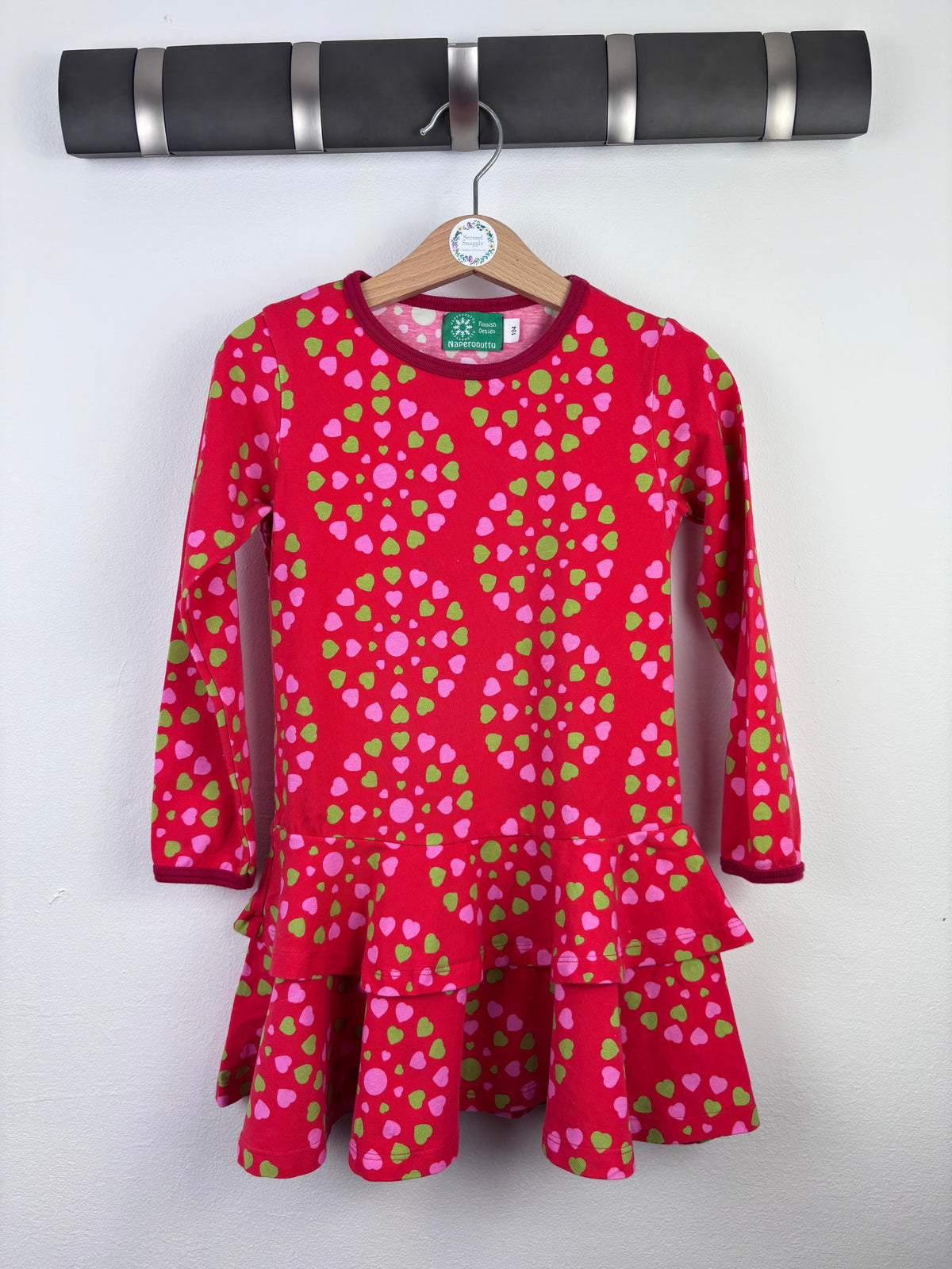 Naperonuttu Red Heart Print Dress 104 (3-4 Years)-Dresses-Second Snuggle Preloved