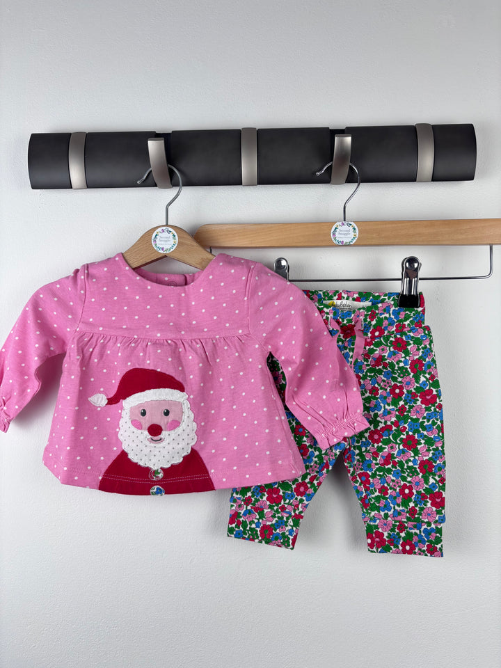 Baby Boden Pink Santa Top and Floral Leggings Set 0–3 Months