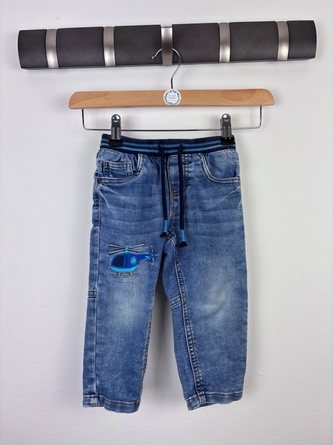 Blue Zoo Denim Joggers with Helicopter 12–18 Months-Trousers-Second Snuggle Preloved