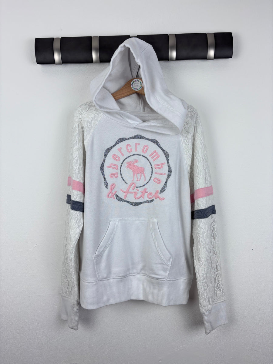 Abercrombie White Logo Hoodie With Lace Sleeves 9-10 Years-Hoodies-Second Snuggle Preloved