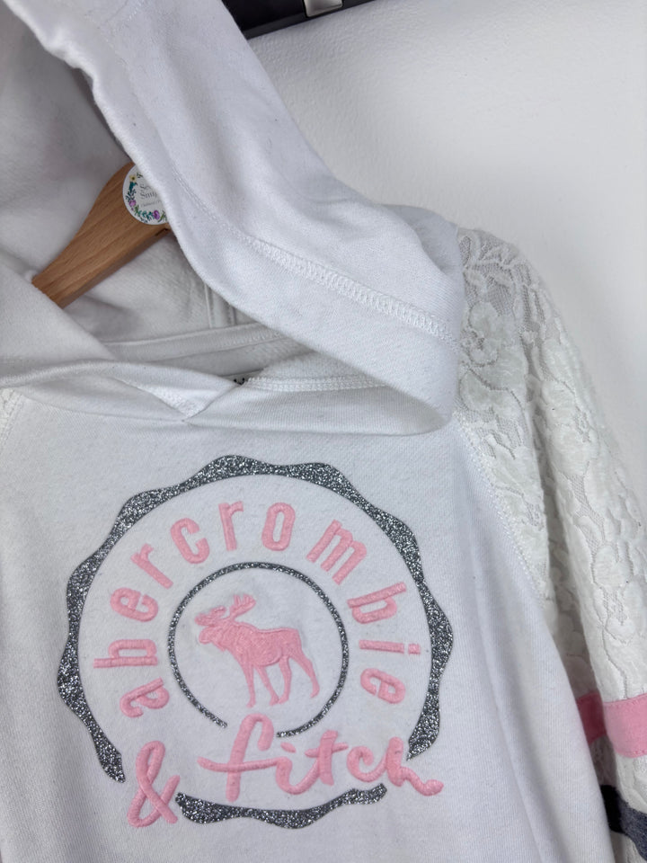 Abercrombie White Logo Hoodie With Lace Sleeves 9-10 Years-Hoodies-Second Snuggle Preloved