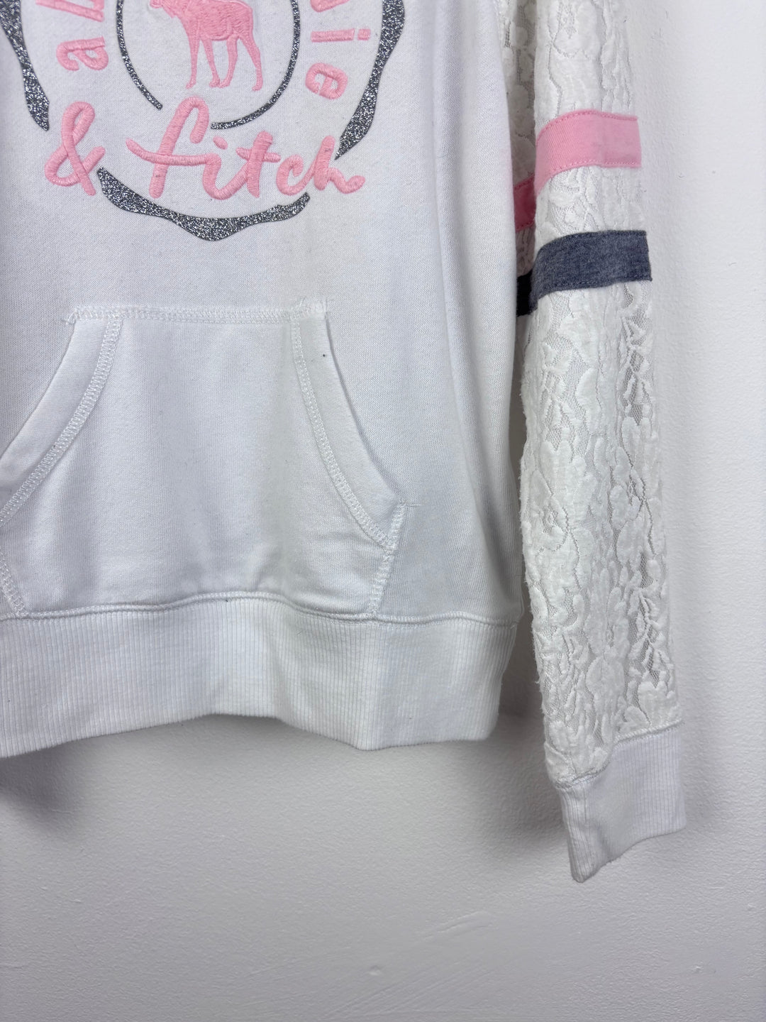 Abercrombie White Logo Hoodie With Lace Sleeves 9-10 Years-Hoodies-Second Snuggle Preloved