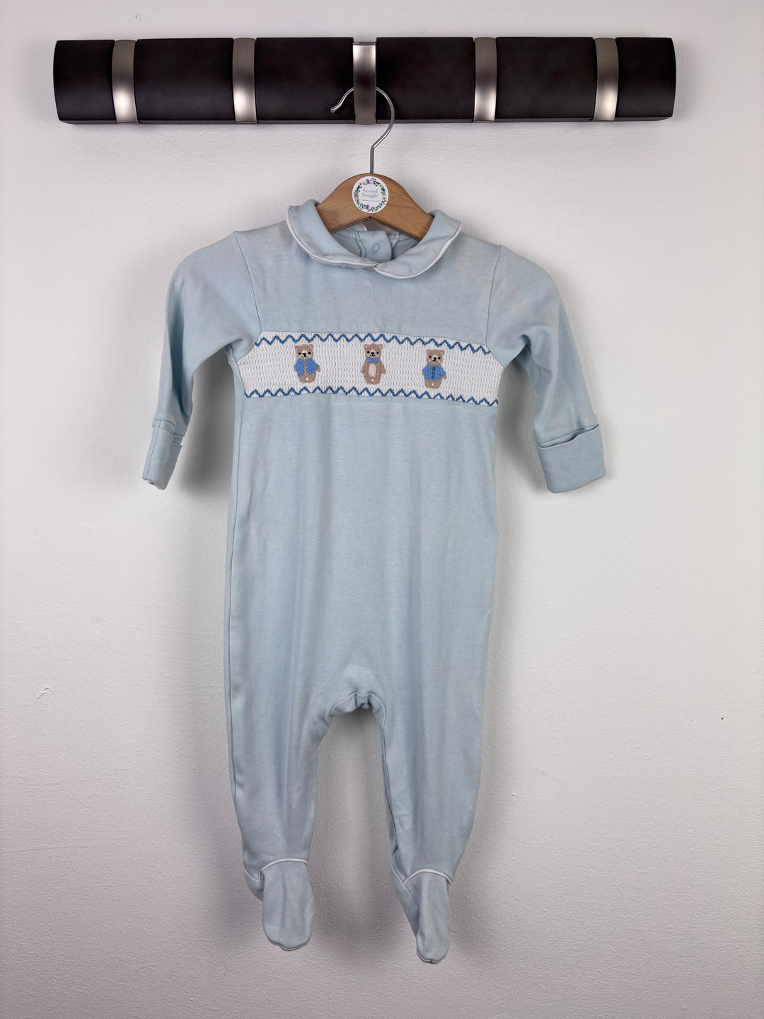 Next Blue Smocked Bear Sleepsuit 3-6 Months-Sleepsuits-Second Snuggle Preloved