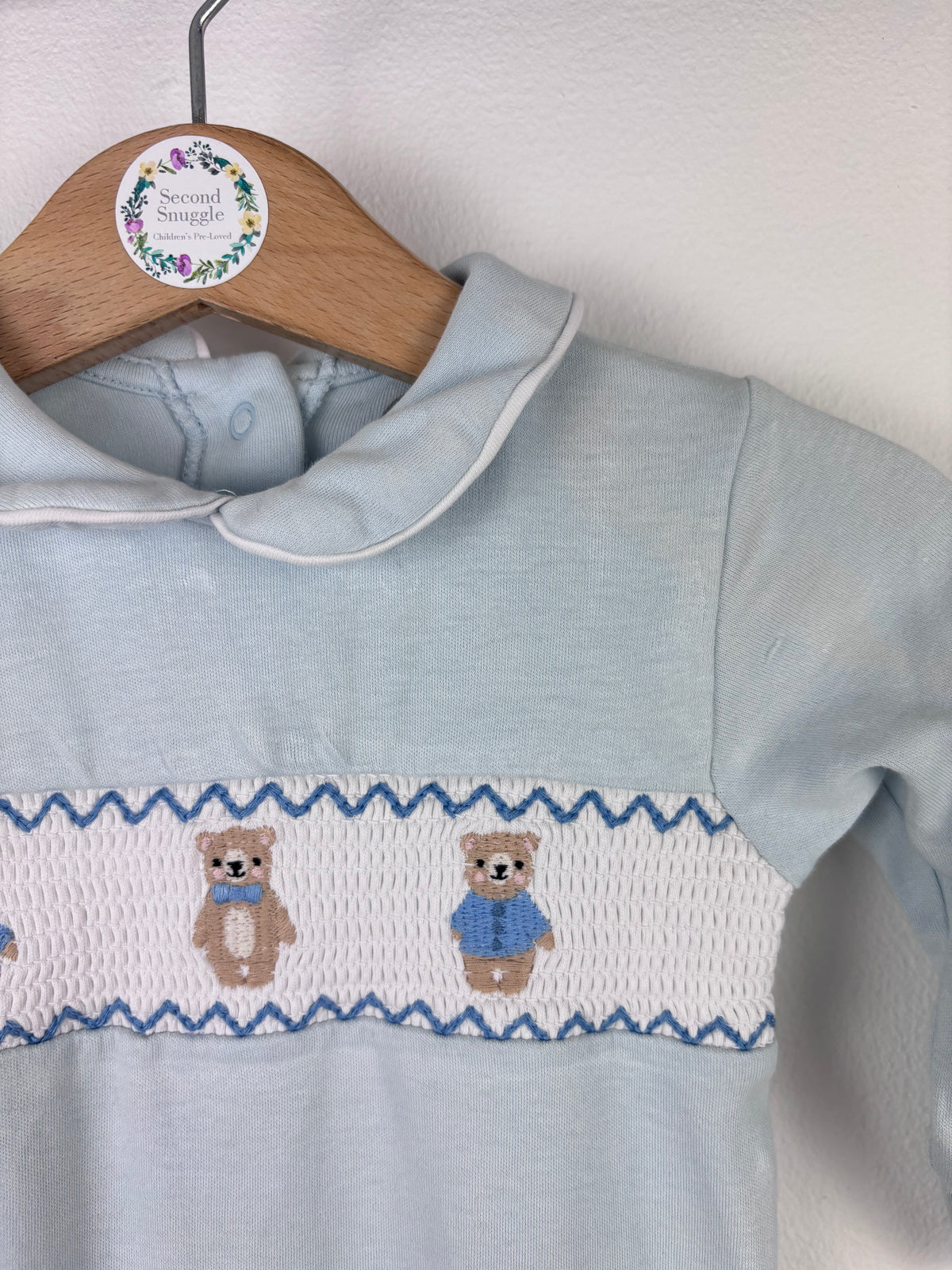 Next Blue Smocked Bear Sleepsuit 3-6 Months-Sleepsuits-Second Snuggle Preloved