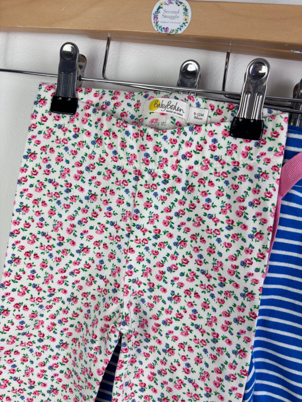 Baby Boden 3 Pack Leggings Blue Stripe Green Floral And Blue Polka Dot 9-12 Months-Leggings-Second Snuggle Preloved