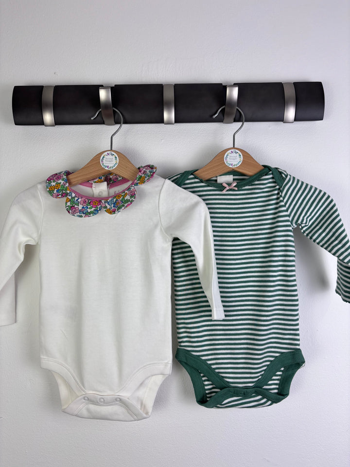 Baby Boden White Bodysuit With Floral Collar And Green Stripe Bodysuit Set 3-6 Months-Vests-Second Snuggle Preloved
