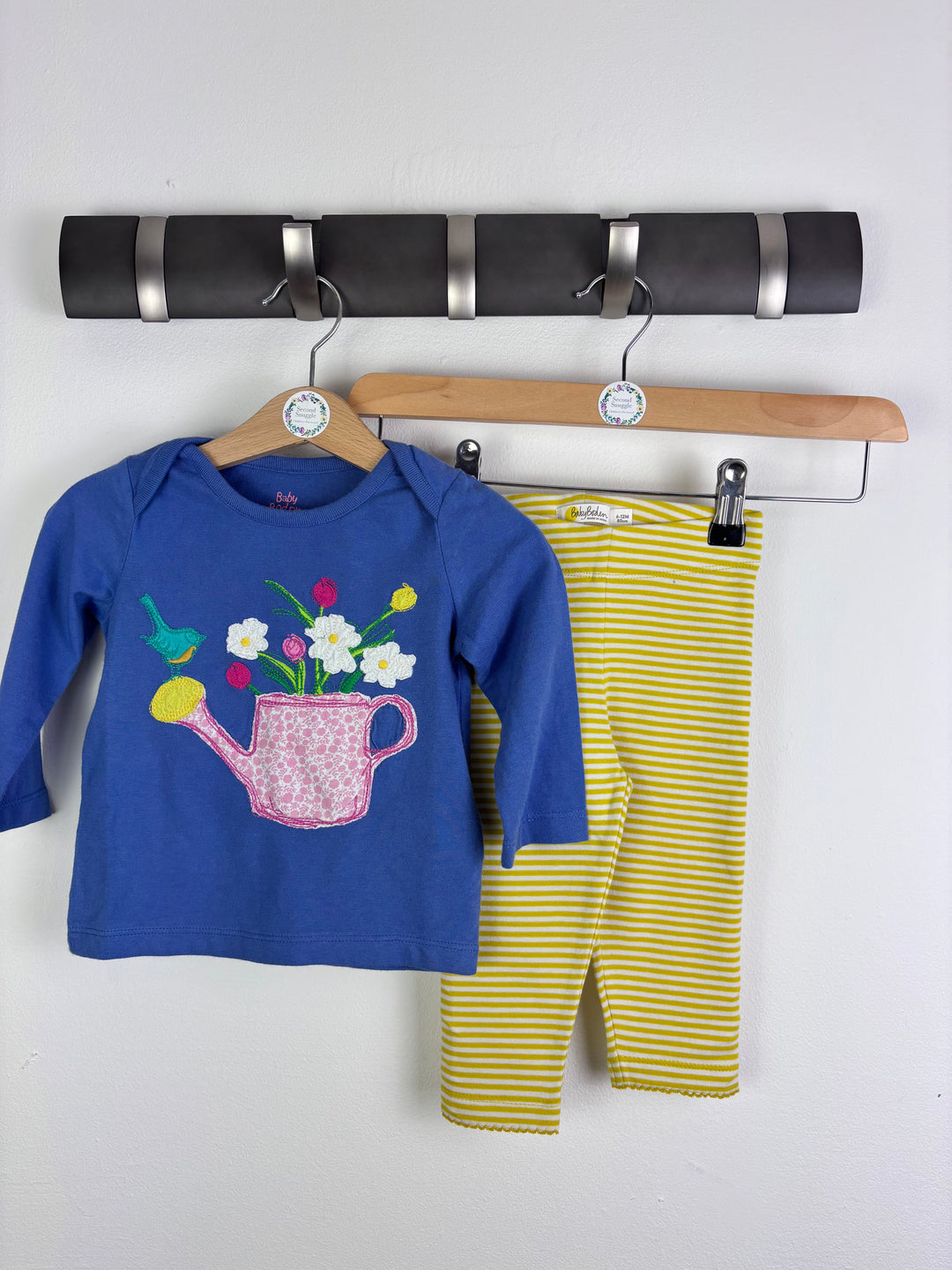 Baby Boden Flower Jug Applique Top And Yellow Stripe Leggings Set 6-12 Months-Sets-Second Snuggle Preloved