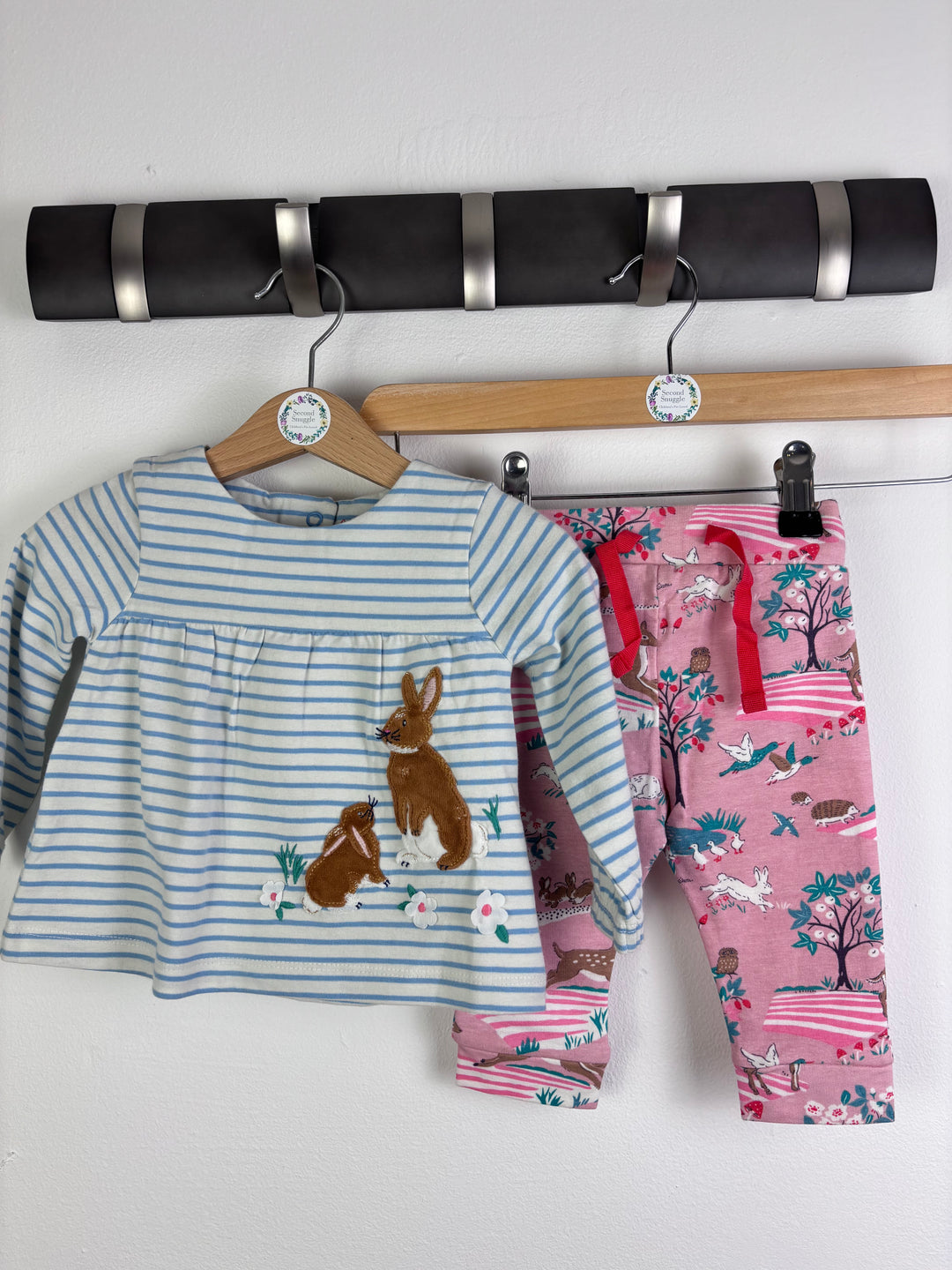 Baby Boden Blue Stripe Bunny Top And Pink Woodland Leggings Set 3-6 Months-Sets-Second Snuggle Preloved