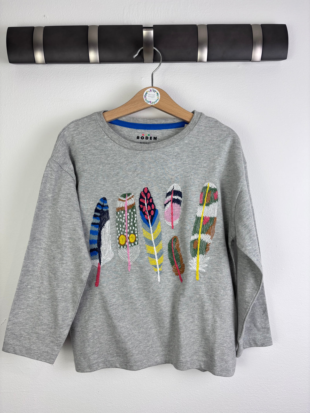 Boden Grey Feather Embroidered Long Sleeve Top-Tops-Second Snuggle Preloved