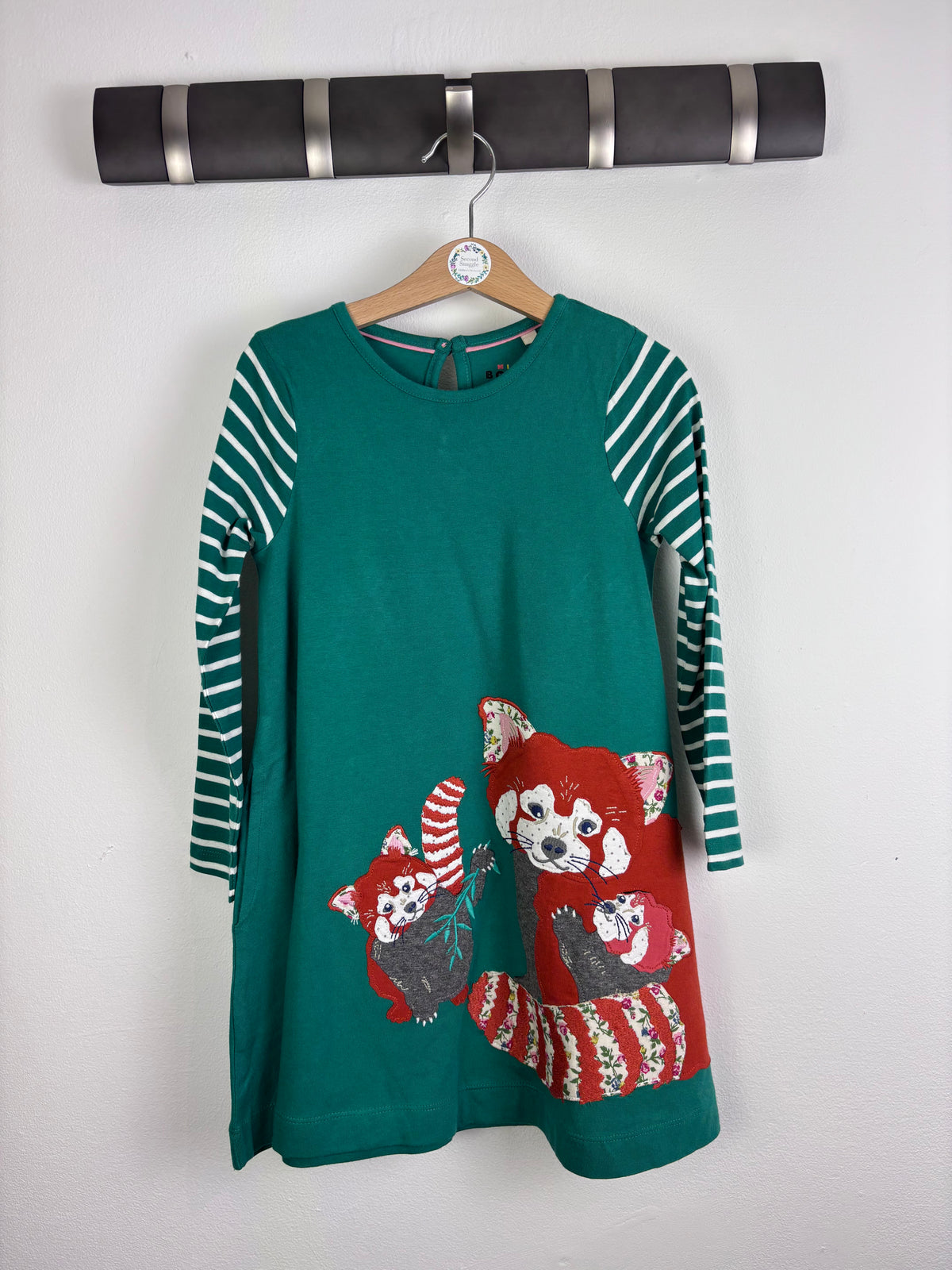 Boden Green Long Sleeve Dress With Red Panda Applique-Dresses-Second Snuggle Preloved