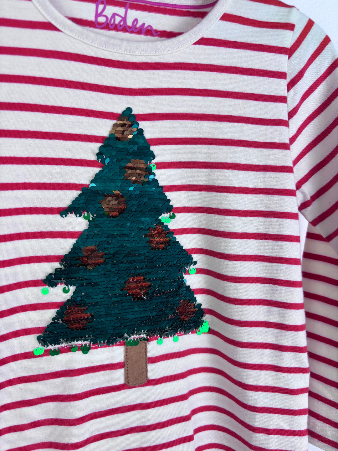 Boden Pink Stripe Christmas Tree Sequin Top 4–5 Years-Tops-Second Snuggle Preloved