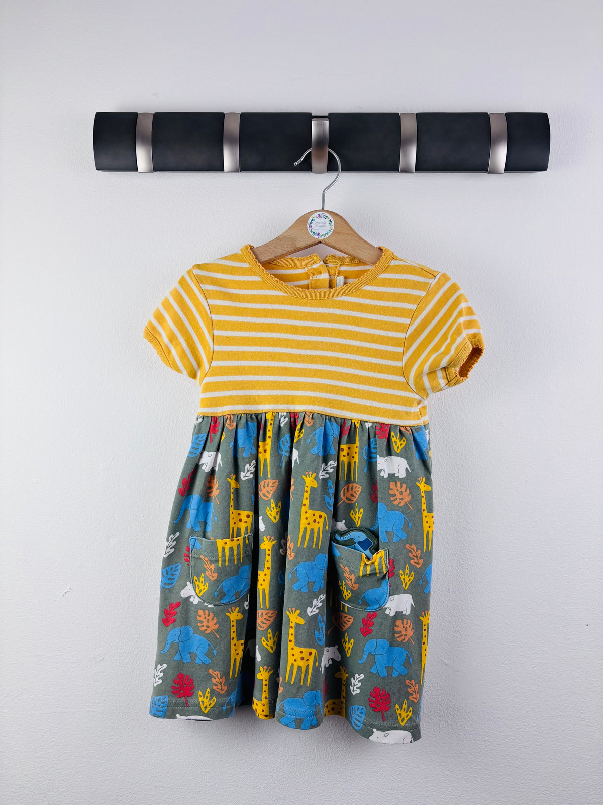 JoJo Maman Bebe Yellow Stripe Animal Dress 3-4 Years-Dresses-Second Snuggle Preloved
