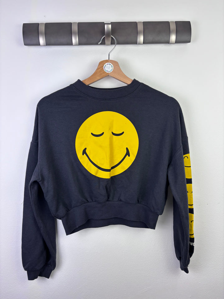 H&M Black Cropped Sweatshirt With Smiley Print 10–12 Years-Jumpers-Second Snuggle Preloved