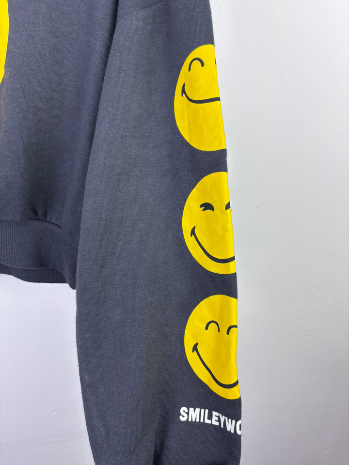 H&M Black Cropped Sweatshirt With Smiley Print 10–12 Years-Jumpers-Second Snuggle Preloved