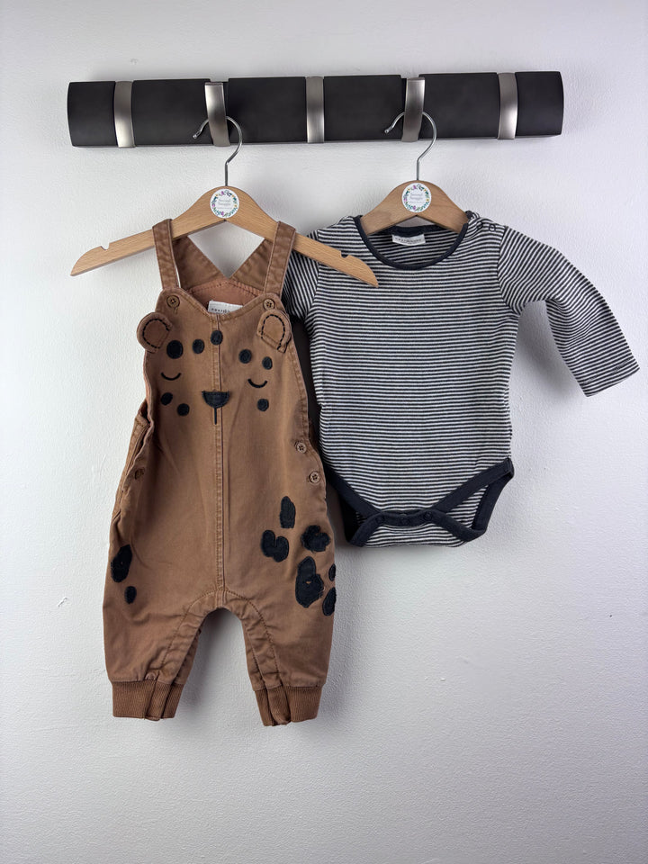 Next Brown Bear Dungaree Set with Bodysuit 3-6 Months-Dungarees-Second Snuggle Preloved
