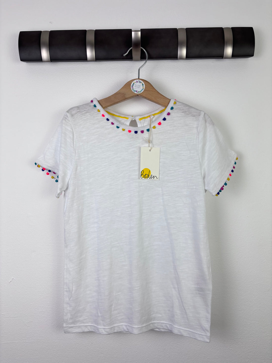 Boden White Pom Pom Trim T-Shirt 7–8 Years-Tops-Second Snuggle Preloved