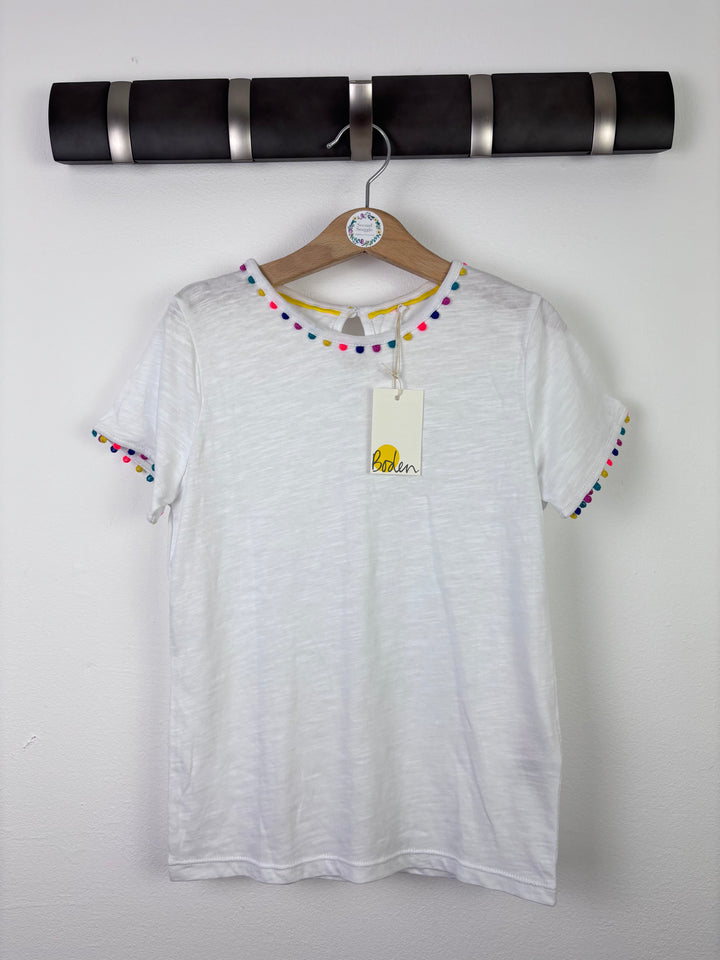 Boden White Pom Pom Trim T-Shirt 7–8 Years-Tops-Second Snuggle Preloved