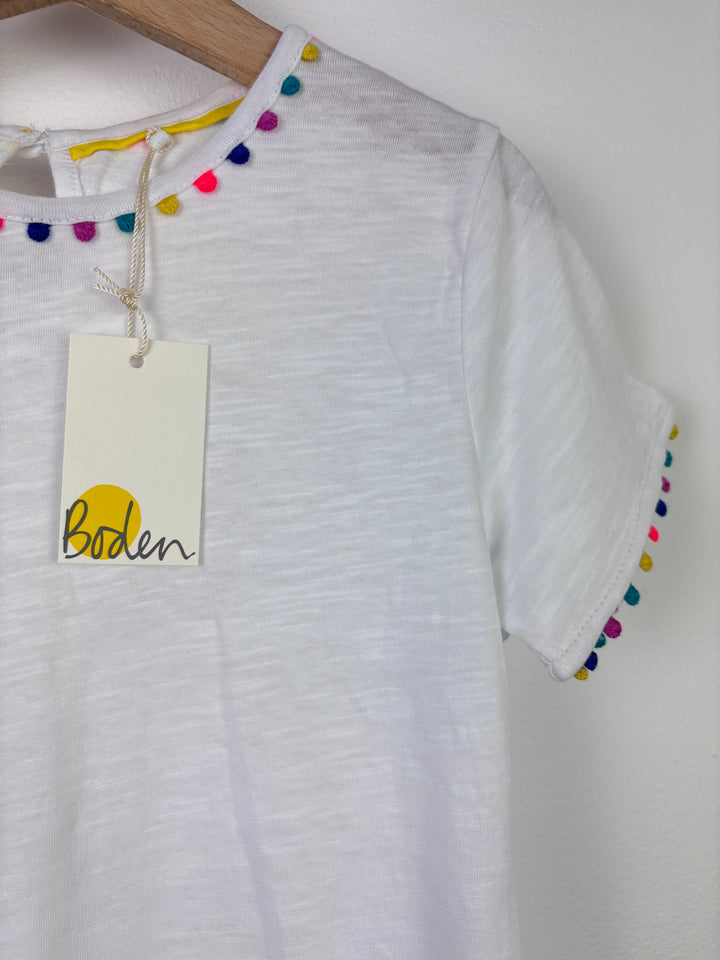 Boden White Pom Pom Trim T-Shirt 7–8 Years-Tops-Second Snuggle Preloved