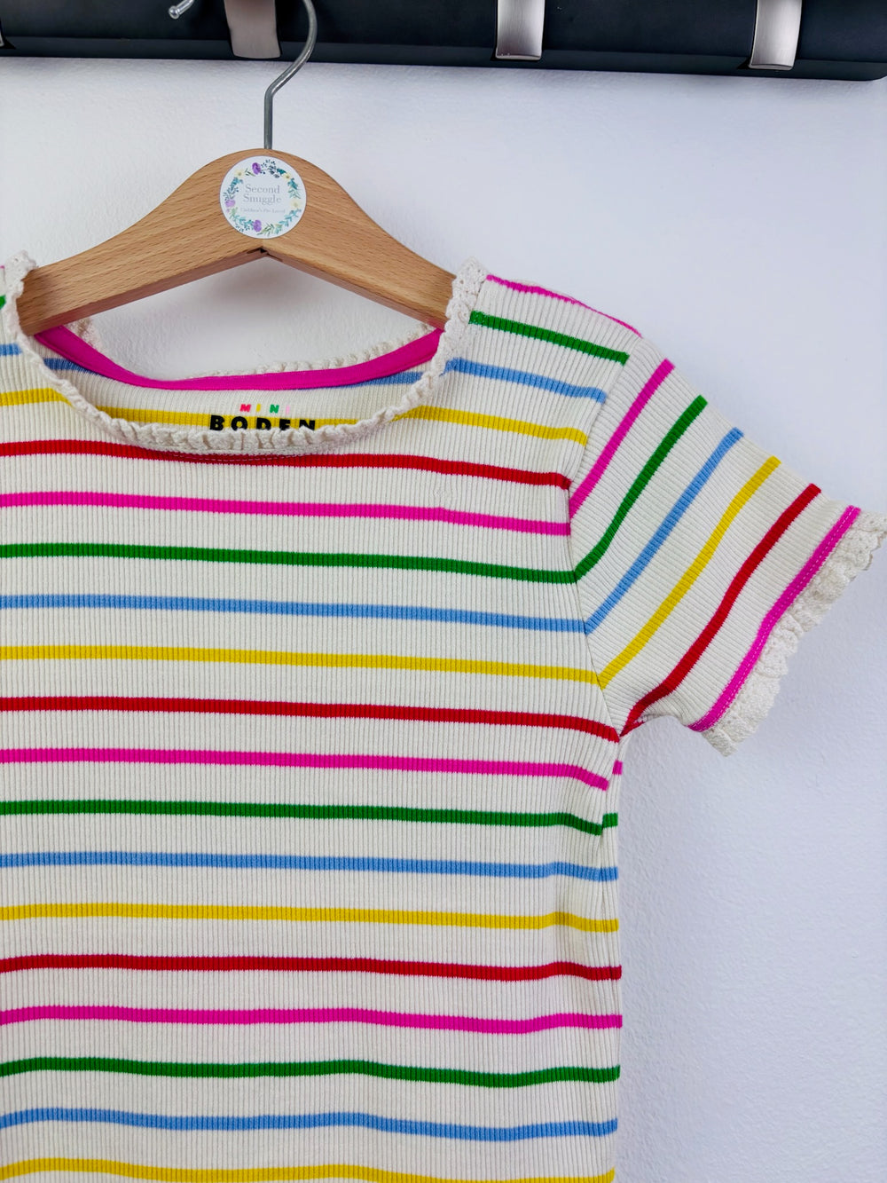 Boden Multi Stripe Ribbed T-Shirt Crochet Trim 5-6 Years-Tops-Second Snuggle Preloved
