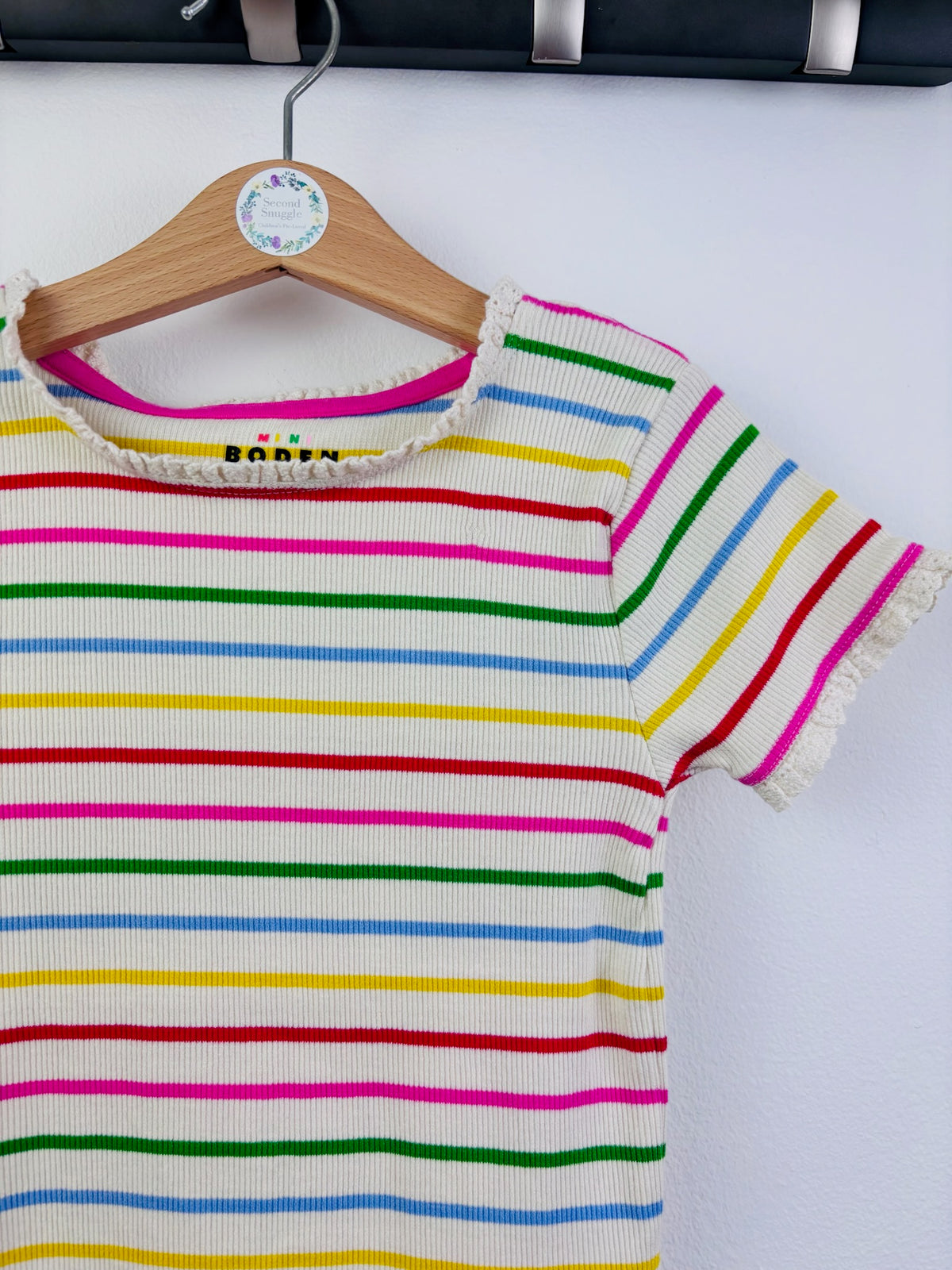 Boden Multi Stripe Ribbed T-Shirt Crochet Trim 5-6 Years-Tops-Second Snuggle Preloved