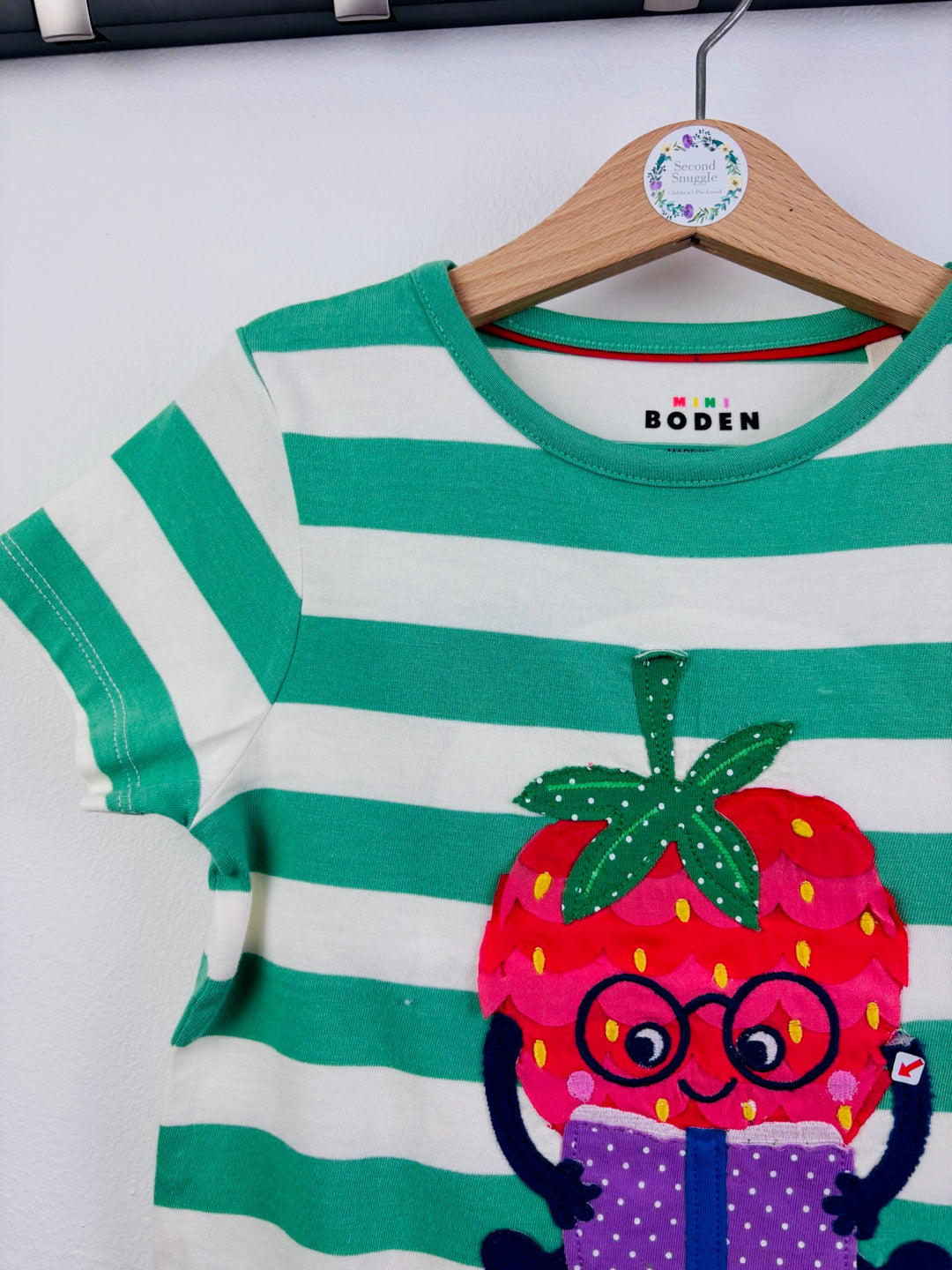 Mini Boden Green Stripe Strawberry Appliqué T-Shirt-Tops-Second Snuggle Preloved