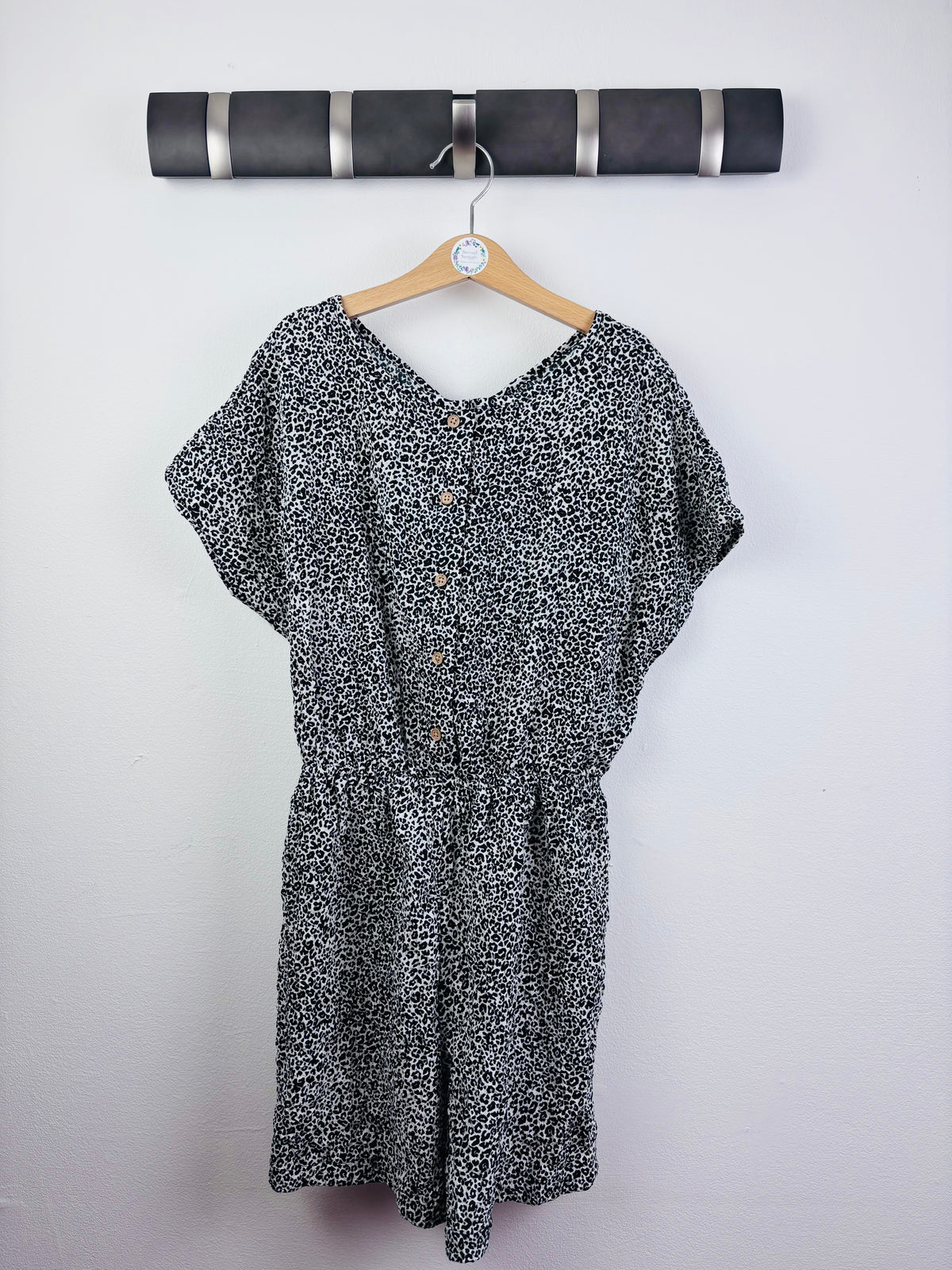 Ex Next Black Leopard Print Button Playsuit-Play Suits-Second Snuggle Preloved
