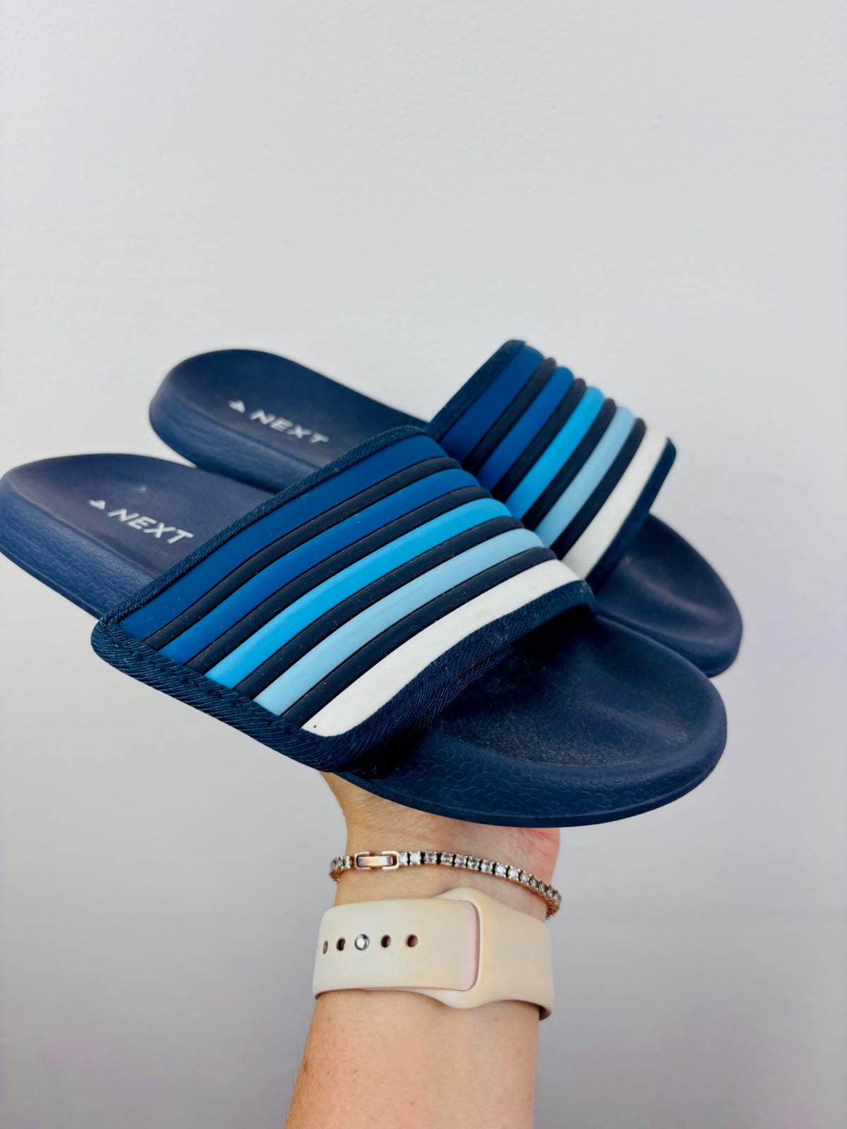 Next Navy Striped Sliders Pool Sandals UK 4-Shoes-Second Snuggle Preloved