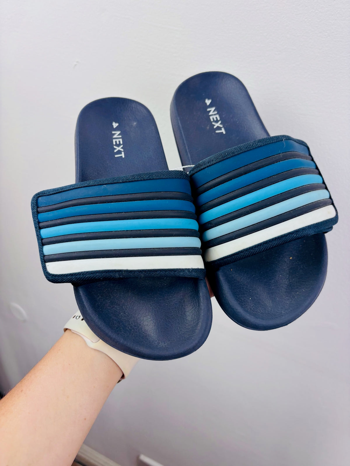 Next Navy Striped Sliders Pool Sandals UK 4-Shoes-Second Snuggle Preloved