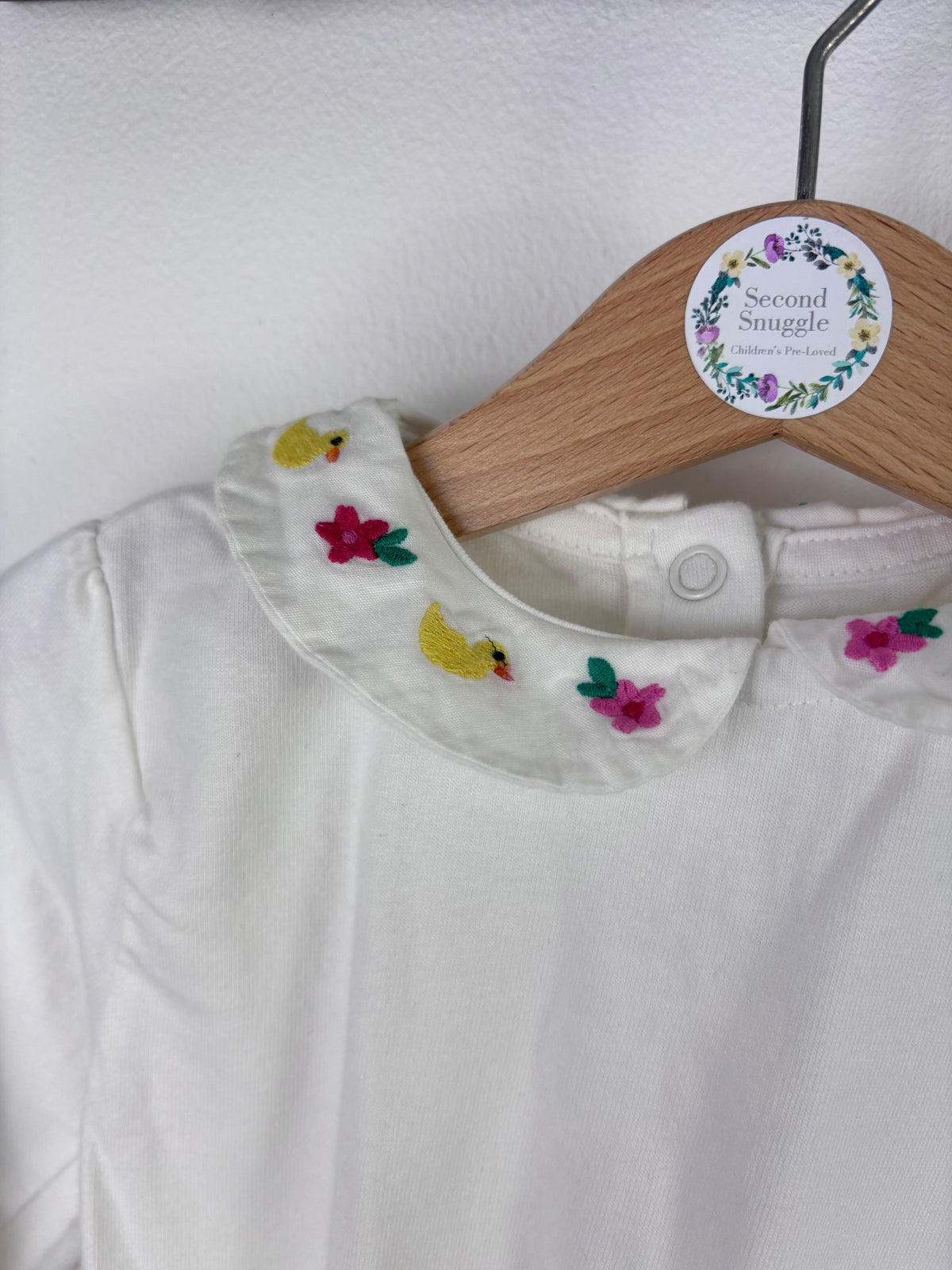 JoJo Maman Bébé White Floral Collar Long Sleeve Bodysuits 6–12 Months-Vests-Second Snuggle Preloved