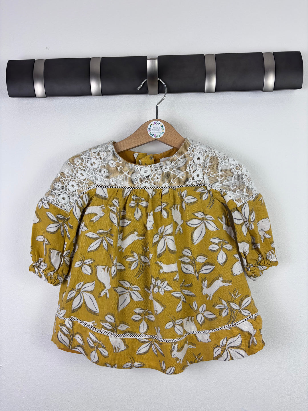 Artisan Mustard Woodland Print Lace Yoke Dress 6–9 Months-Dresses-Second Snuggle Preloved