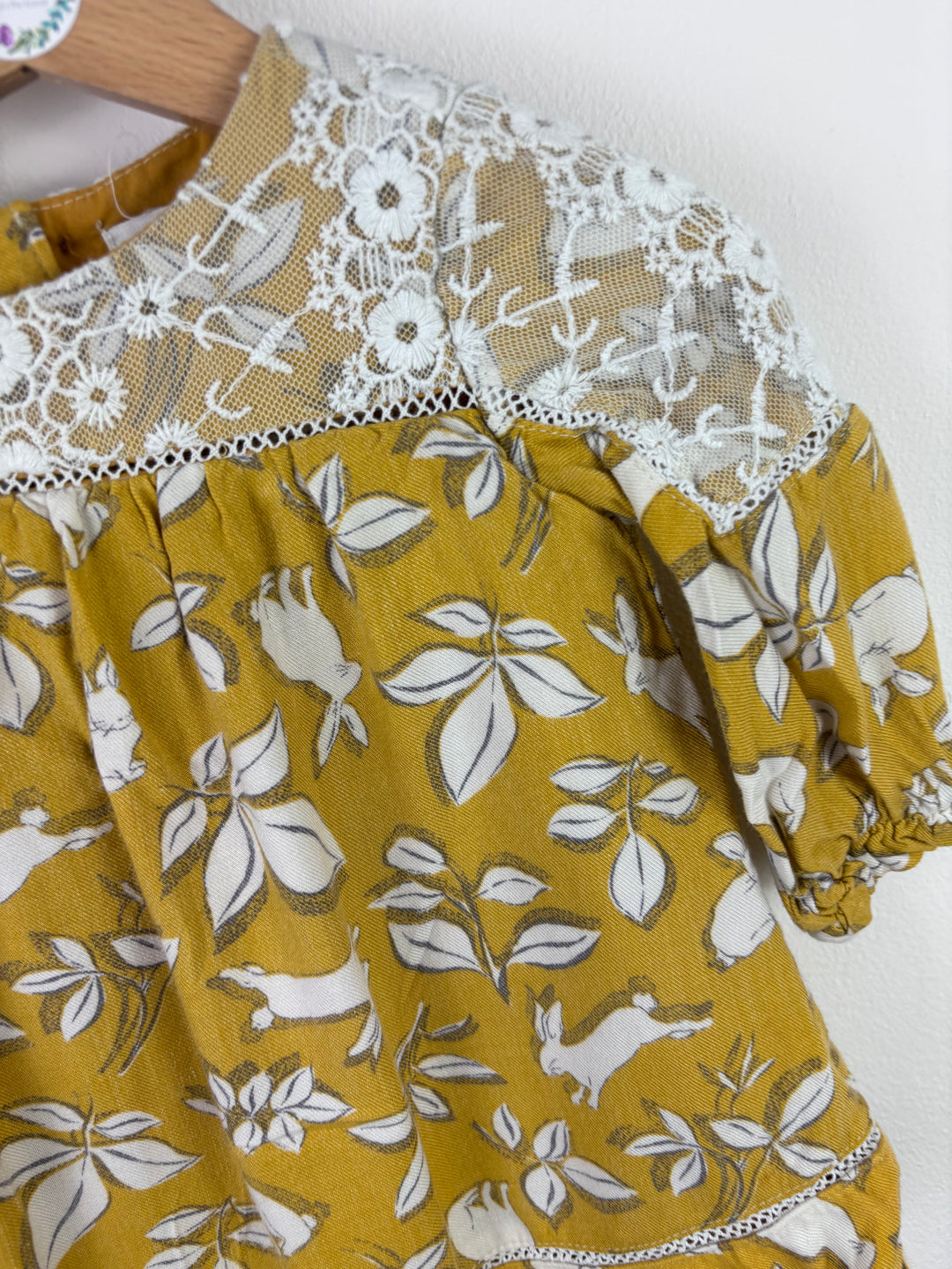 Artisan Mustard Woodland Print Lace Yoke Dress 6–9 Months-Dresses-Second Snuggle Preloved