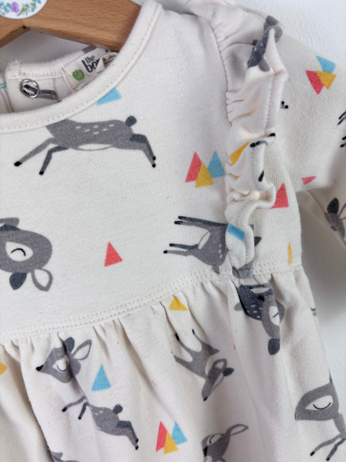 Bonnie Mob Cream Deer Print Ruffle Shoulder Dress 6–12 Months-Dresses-Second Snuggle Preloved