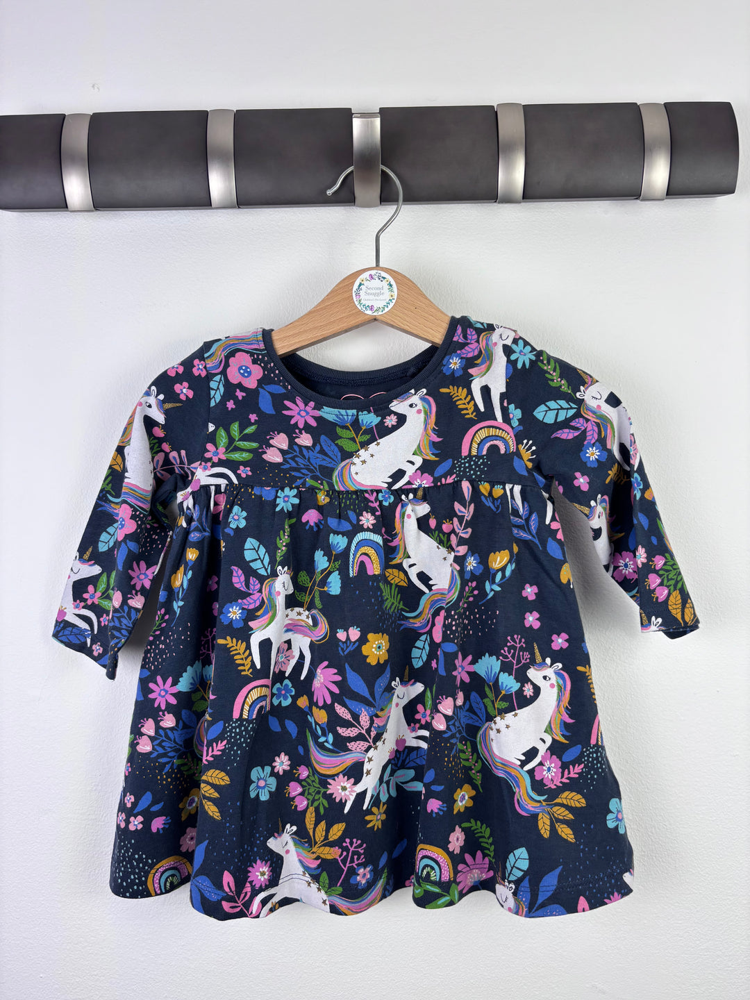 Next Navy Unicorn Print Long Sleeve Dress 6–9 Months-Dresses-Second Snuggle Preloved