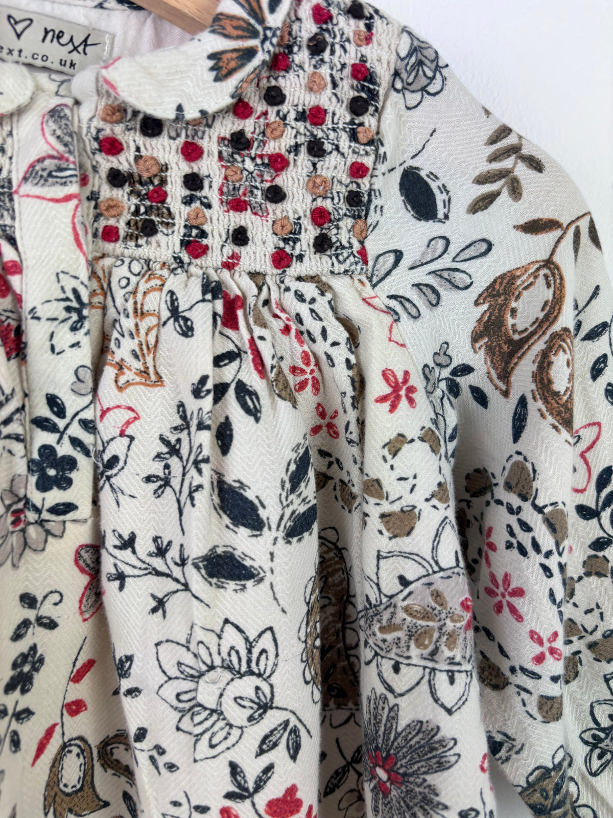 Next Cream Floral Smocked Dress with Peter Pan Collar 6–9 Months-Dresses-Second Snuggle Preloved