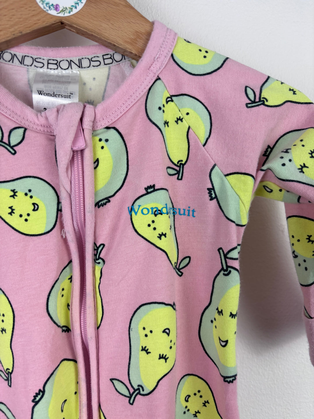 Bonds Pink Pear Print Zip Wondersuit 3–6 Months-Sleepsuits-Second Snuggle Preloved