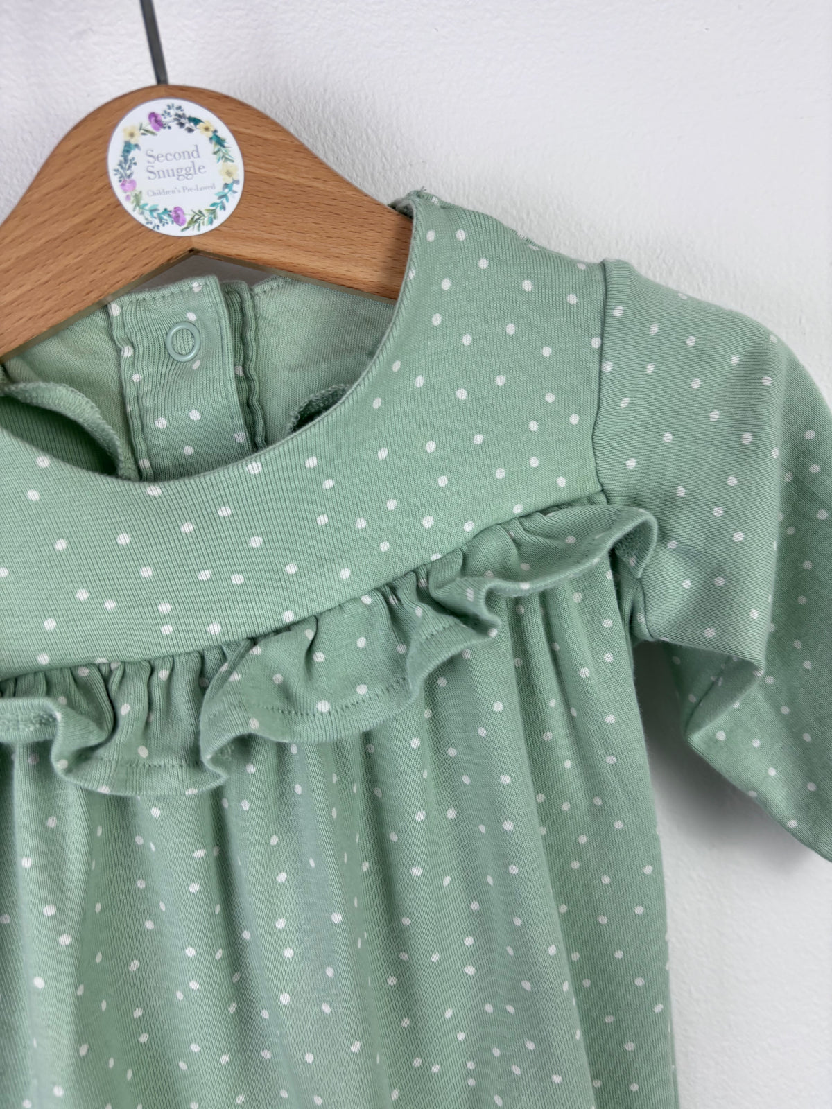 M&S Sage Green Polka Dot Frill Romper 3–6 Months-Rompers-Second Snuggle Preloved