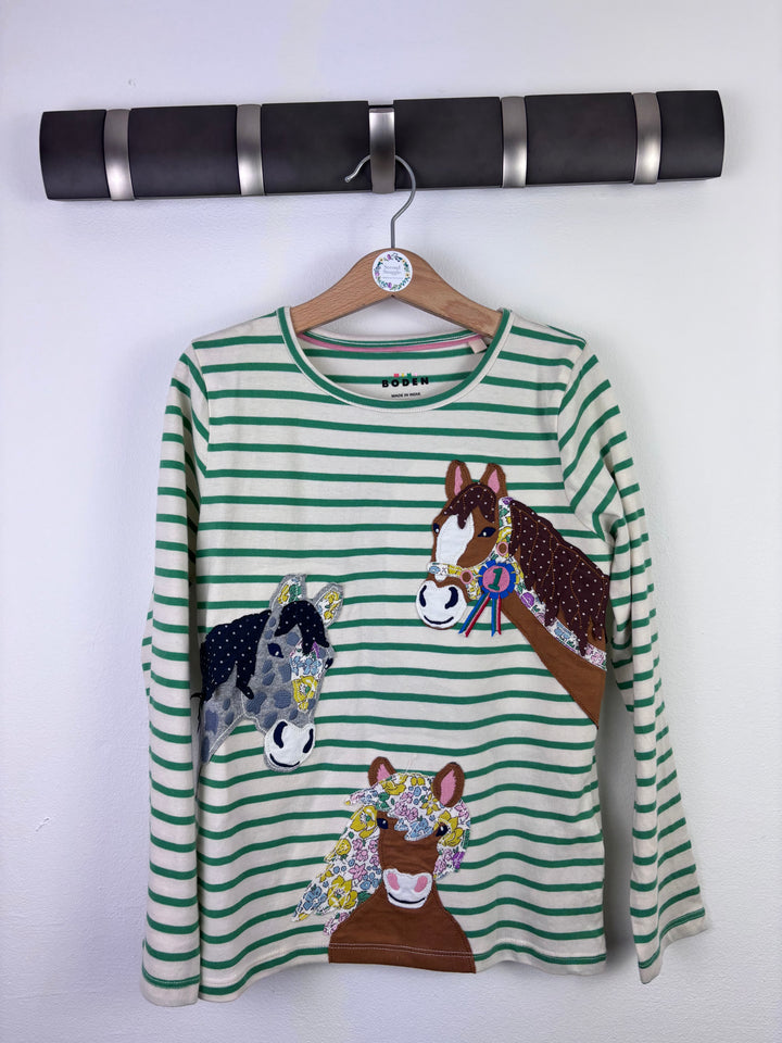 Boden Green Stripe Horse Appliqué Long Sleeve Top 7–8 Years-Tops-Second Snuggle Preloved