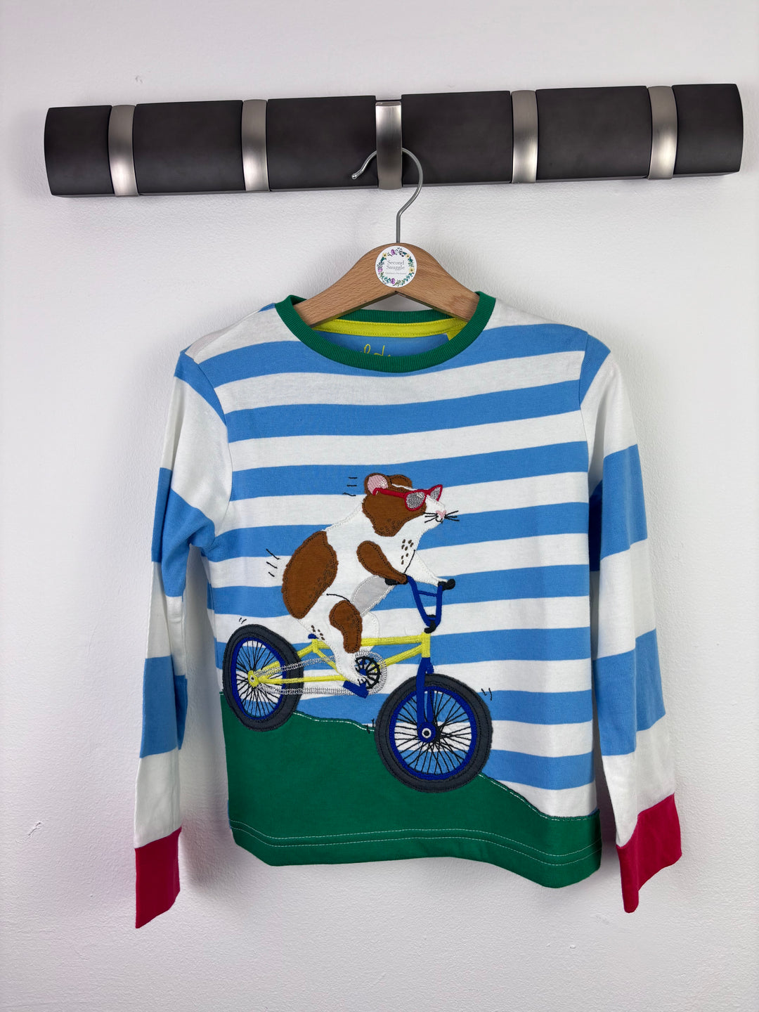 Boden Blue Stripe Guinea Pig Appliqué Long Sleeve Top 3–4 Years