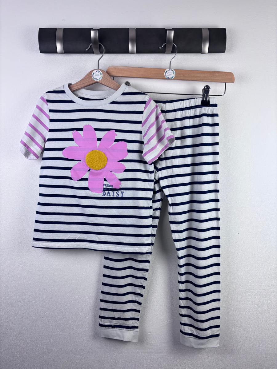 M&S Daisy Stripe Pyjamas Cotton Short Sleeve Girls Set 7–8 Years-Night Wear-Second Snuggle Preloved