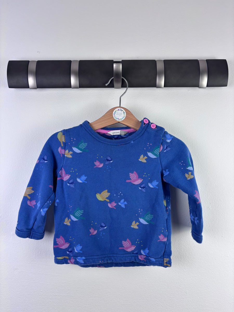 John Lewis Blue Sweatshirt Bird Print Button Shoulder 9-12 Months-Jumpers-Second Snuggle Preloved