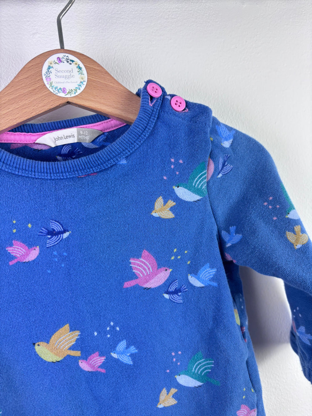 John Lewis Blue Sweatshirt Bird Print Button Shoulder 9-12 Months-Jumpers-Second Snuggle Preloved